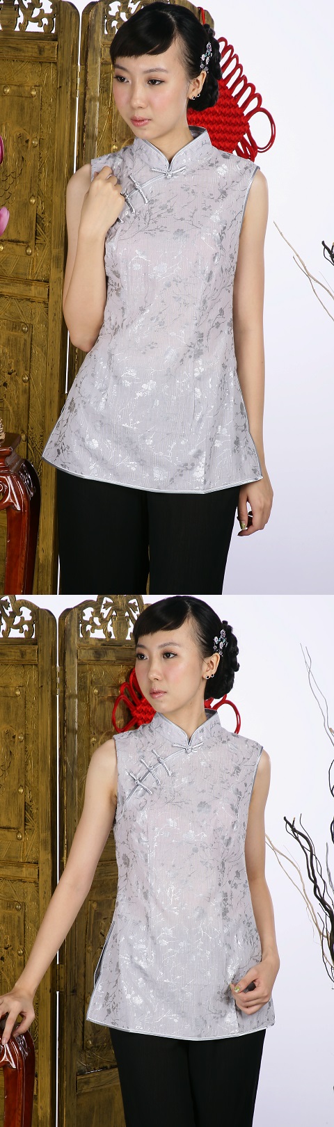 Sleeveless Floral Mandarin Blouse (Silver)