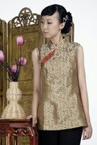 Sleeveless Chinese Poem Embroidery Mandarin Blouse (Gold)