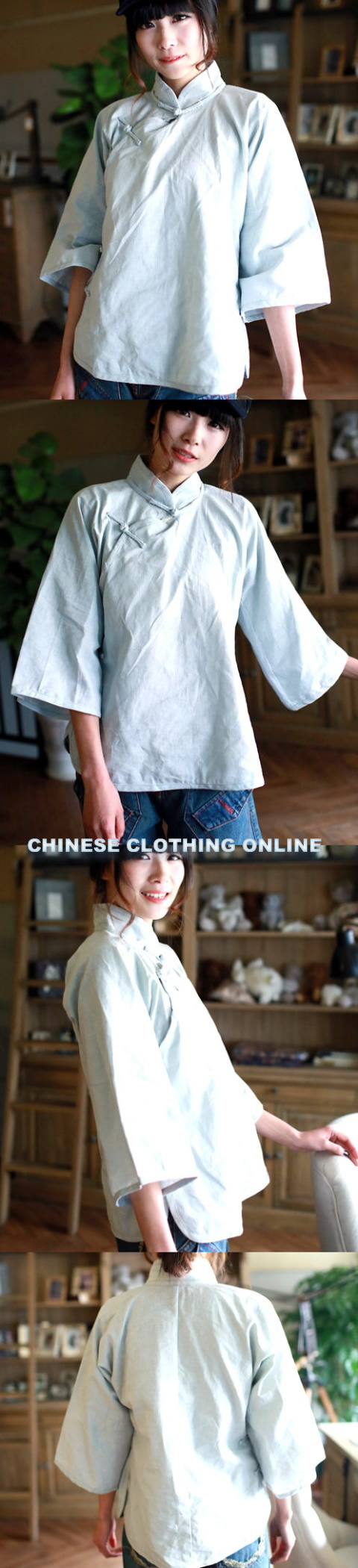 Ethnic 3/4-Sleeve Standing Collar Blouse (CM)