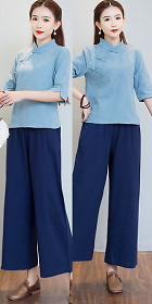 Elbow-sleeve Cotton Linen Chic Ethnic Suit (RM)