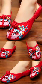 Chinese Opera Mask Embroidery Slippers (Red)