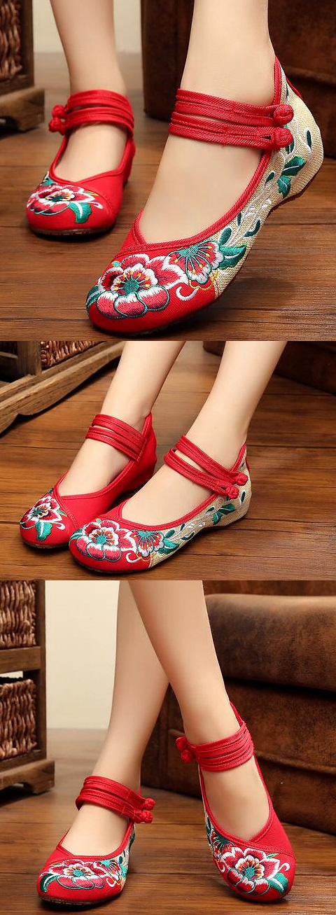 Low-Heel Floral Embroidery Shoes (Red)