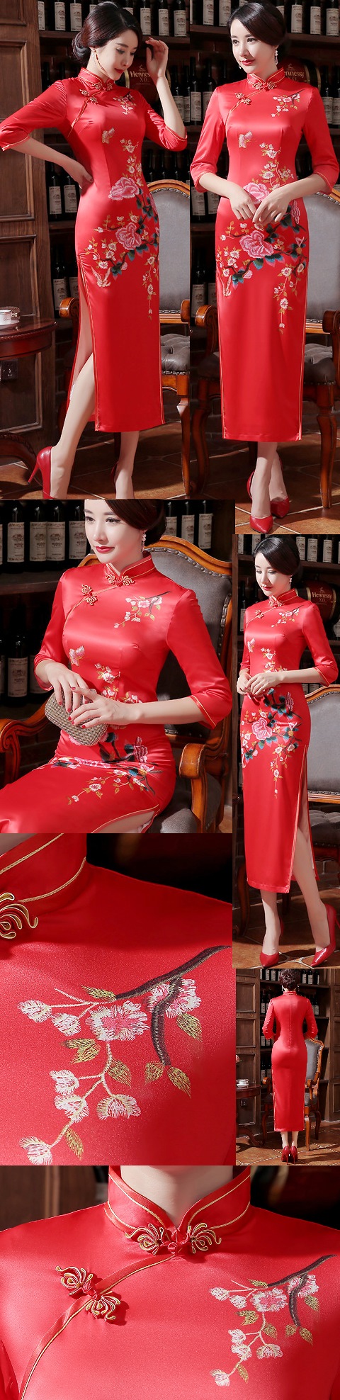 Elbow-sleeve Silk Printing Cheongsam (RM)