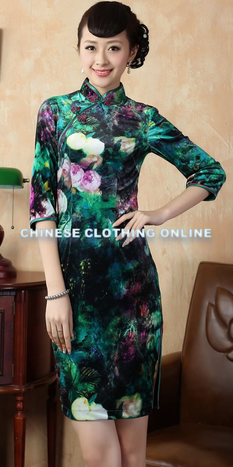 Elbow-sleeve Short-length Spray Painting Velvet Cheongsam (RM)