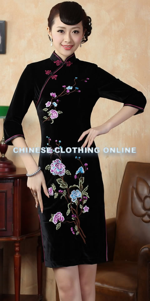 Elbow-sleeve Short-length Embroidery Velvet Cheongsam (RM)