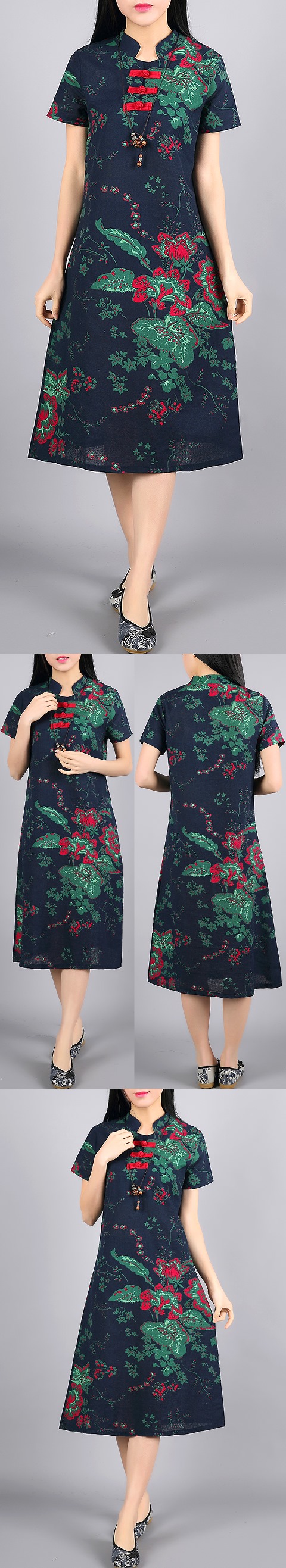 Ethnic Mid-length Floral-printing Dress-Navy Blue (RM)