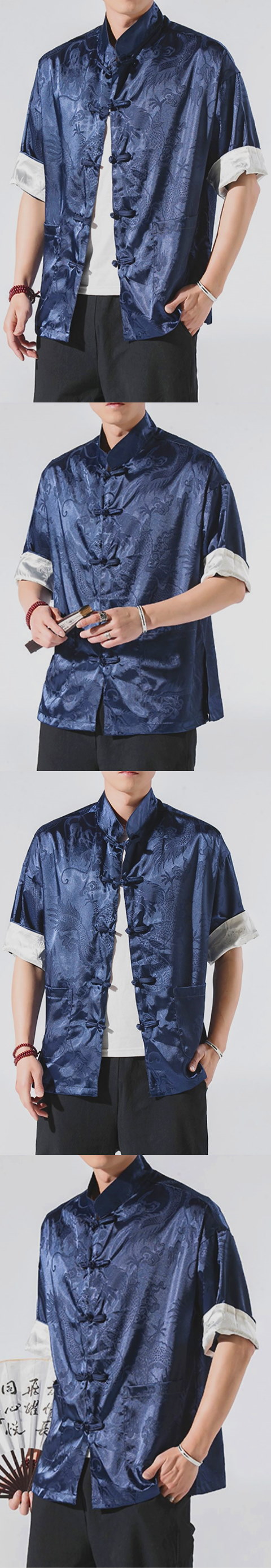 Chic Mandarin Jacquard Elbow-length Folding-sleeve Shirt (RM/CM)