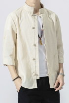 Chic Mandarin 3/4-sleeve Cotton Shirt - Beige (RM)