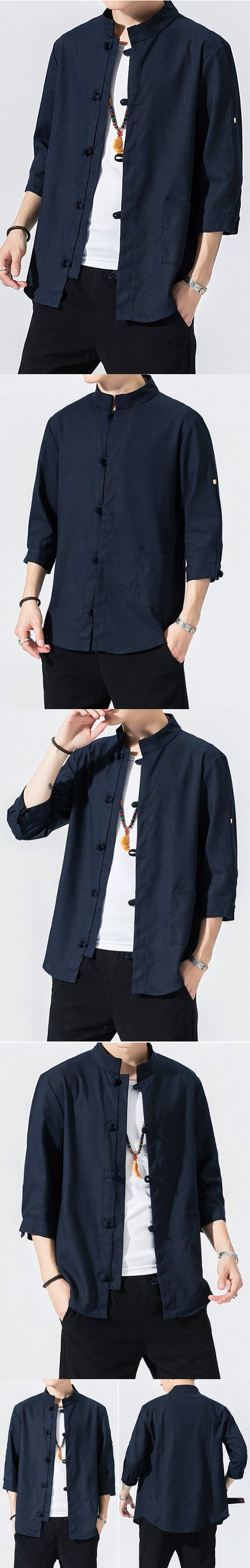 Chic Mandarin 3/4-sleeve Cotton Shirt - Dark Navy (RM)