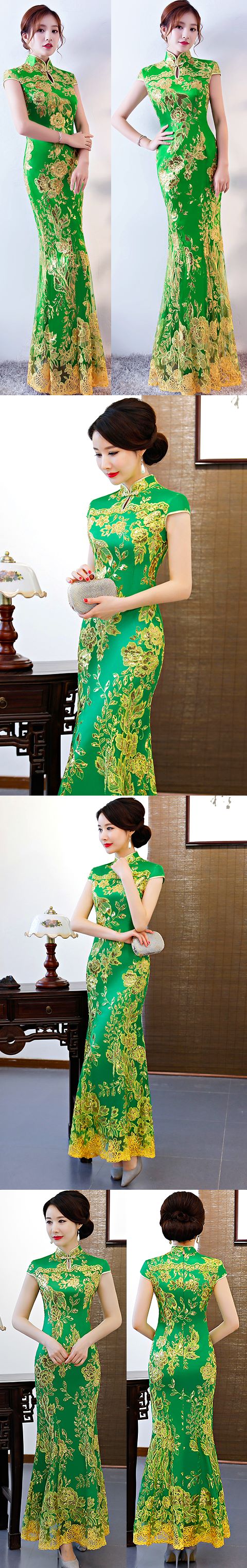 Cup-sleeve Long-length Evening-dress Cheongsam - Green (RM/CM)