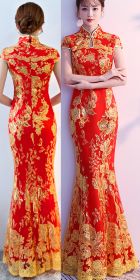 Cup-sleeve Long-length Evening-dress Cheongsam - Red (RM/CM)