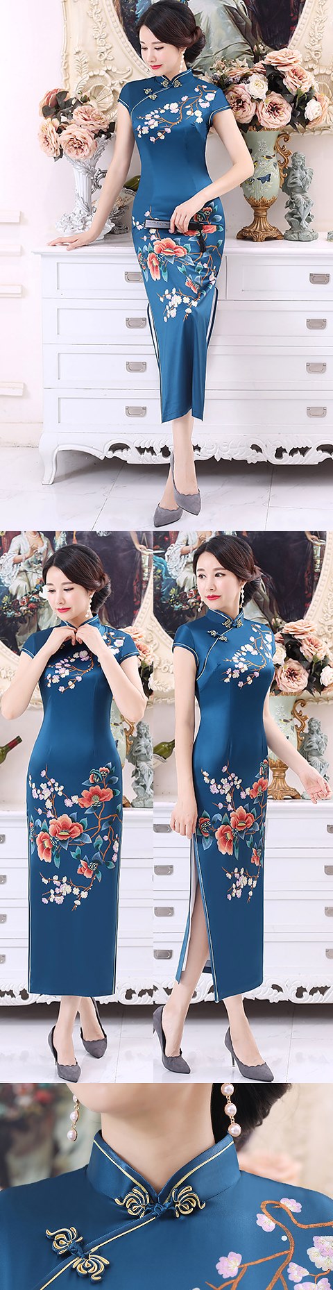 Short-sleeve Long-length Silk Printing Cheongsam (RM)