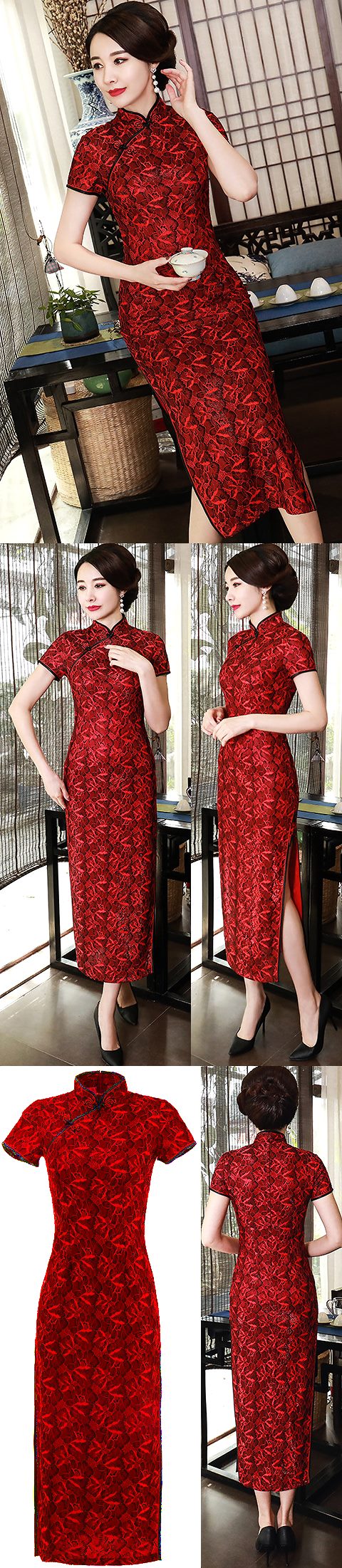 Short-sleeve Long-length Embroidery Gauze Cheongsam (RM)