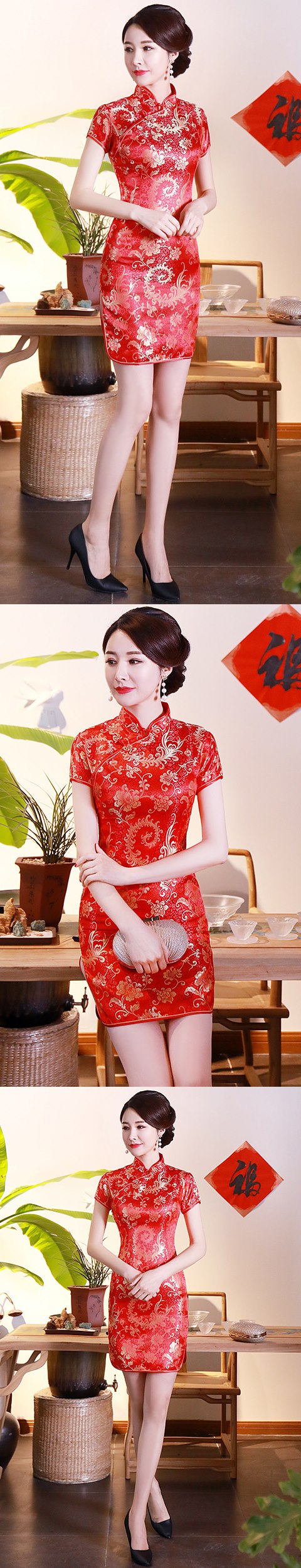 Short-sleeve Short Brocade Cheongsam Dress