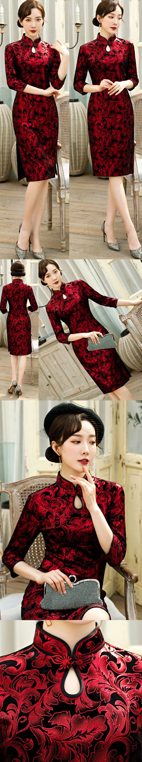 3/4-sleeve Mid-length Velvet Cheongsam (RM)