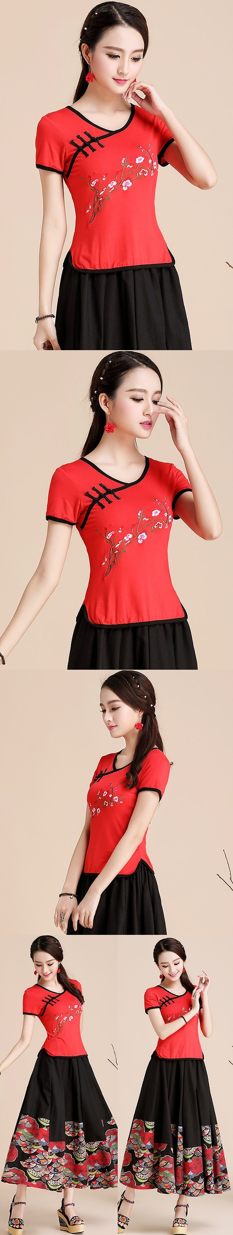 Short-sleeve Chinese Ethnic Embroidery Cotton Blouse (Ready-Made)