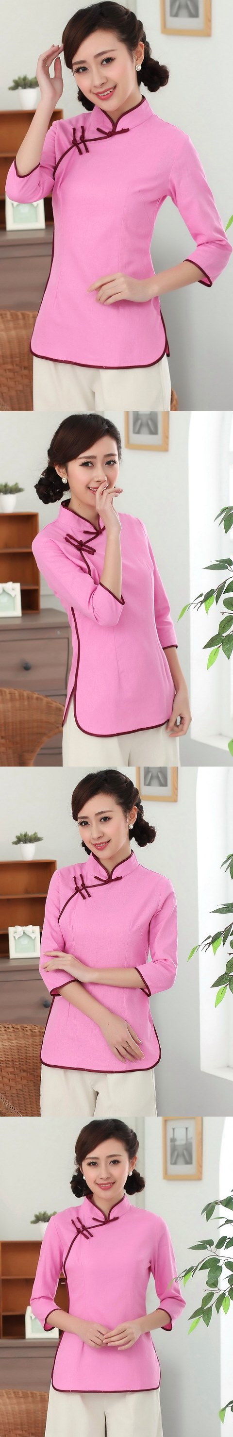 3/4-sleeve Cotton Linen Mandarin Blouse (CM)