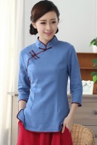 3/4-sleeve Cotton Linen Mandarin Blouse (CM)