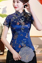 Short-sleeve Dragon and Phoenix Embroidery Mandarin Blouse (RM)